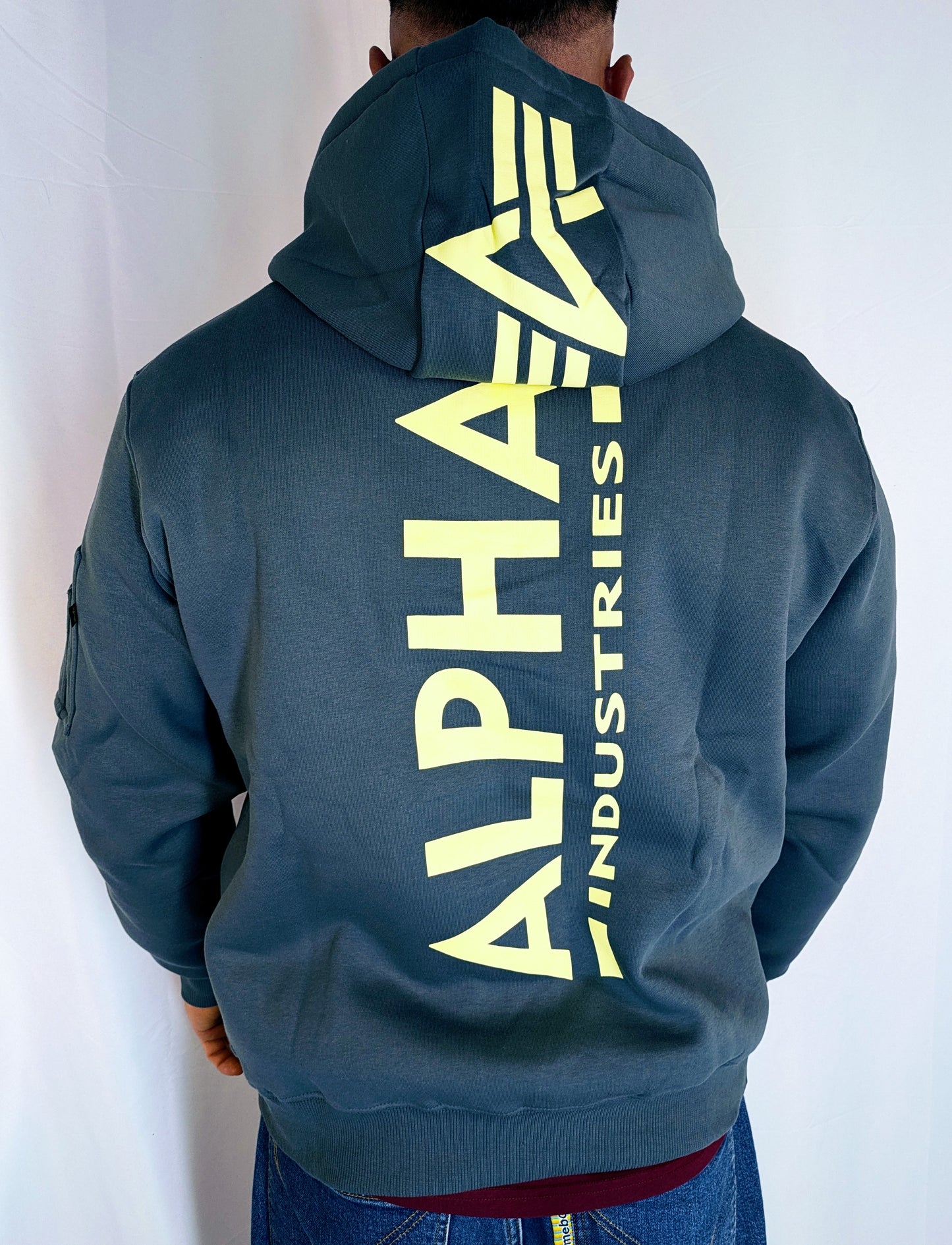 Alpha Industries Sweatshirt Kapu Back Print grau gelb Logo Basic 178318